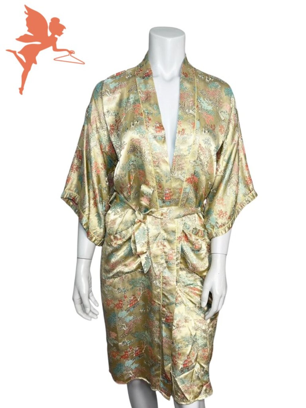 VINTAGE 100% Silk Damask Asian Countryside Gallery Kimono Robe